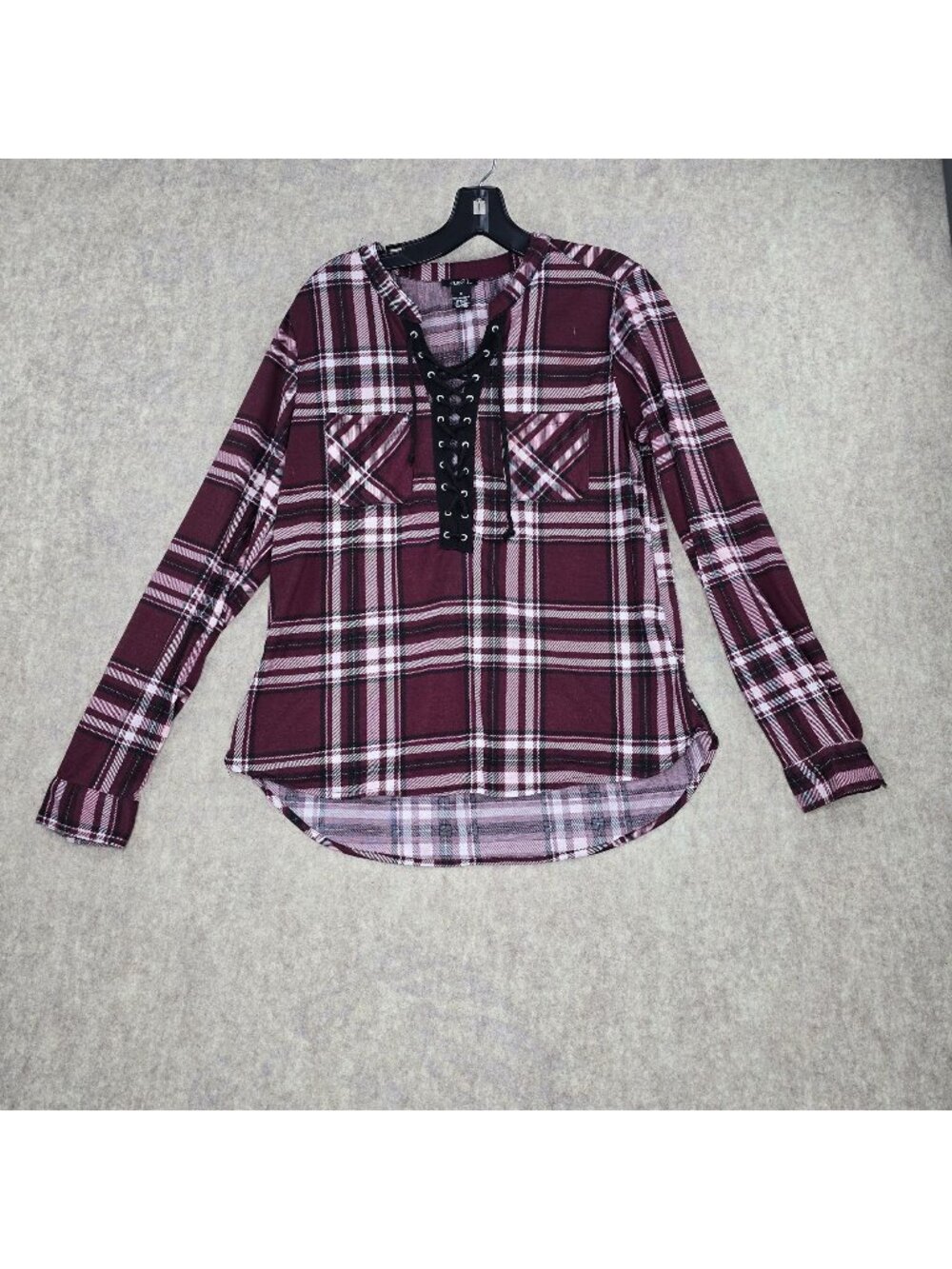 Rue21 Womens Lace-Up Burgundy Plaid Long Sleeve Top Size Small Polyester